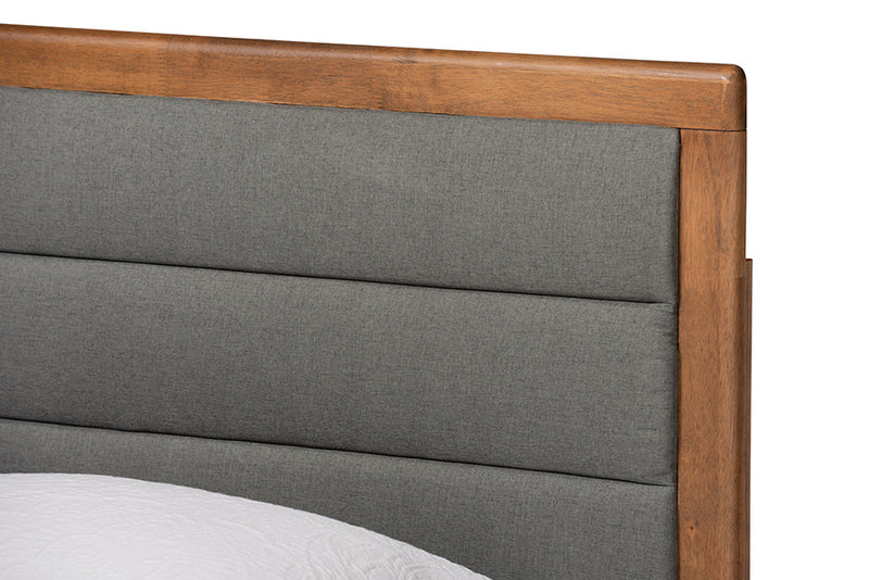 Eren Mid-Century Modern Dark Gray Fabric Upholstered and Walnut Brown Finished Wood Twin Size Platform Bed