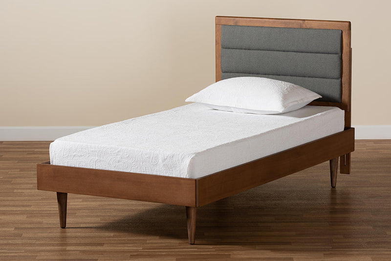 Eren Dark Gray Fabric Walnut Brown Twin Size Platform Bed Baxton