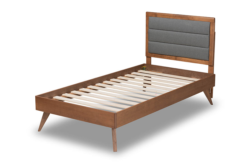 Asta Mid-Century Modern Dark Gray Fabric Upholstered and Walnut Brown Finished Wood Twin Size Platform Bed