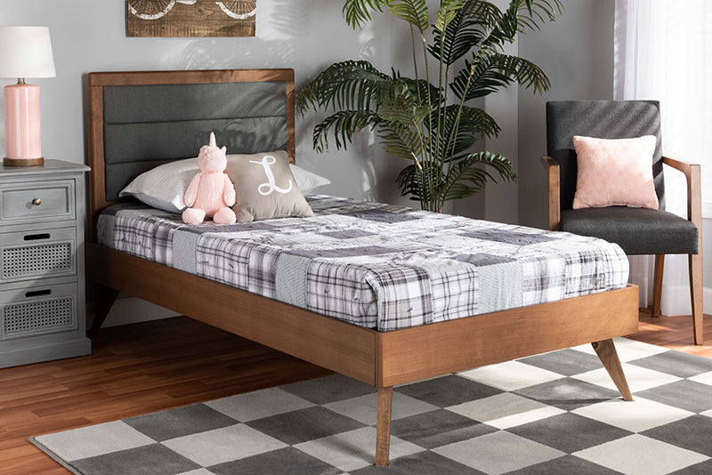 Asta Mid-Century Modern Dark Gray Fabric Upholstered and Walnut Brown Finished Wood Twin Size Platform Bed