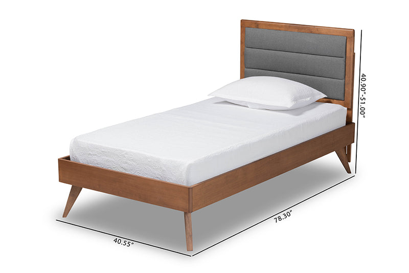 Asta Mid-Century Modern Dark Gray Fabric Upholstered and Walnut Brown Finished Wood Twin Size Platform Bed