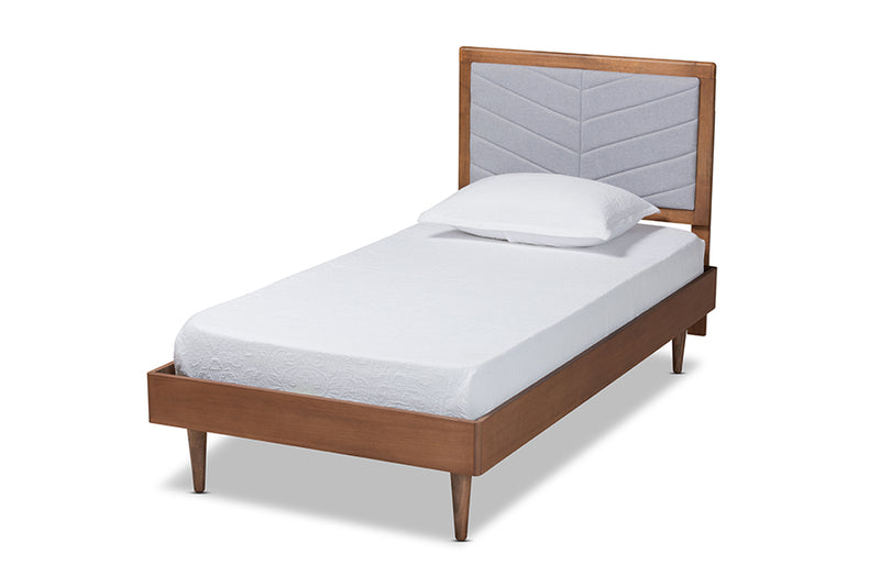 Reid Mid-Century Modern Light Gray Fabric Upholstered and Walnut brown Finished Wood Twin Size Platform Bed