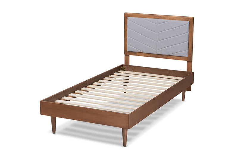 Reid Mid-Century Modern Light Gray Fabric Upholstered and Walnut brown Finished Wood Twin Size Platform Bed