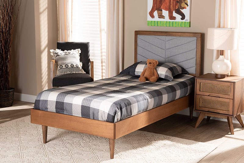 Reid Mid-Century Modern Light Gray Fabric Upholstered and Walnut brown Finished Wood Twin Size Platform Bed