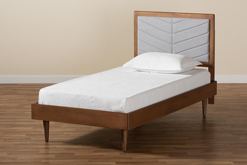 Reid Mid-Century Modern Light Gray Fabric Upholstered and Walnut brown Finished Wood Twin Size Platform Bed