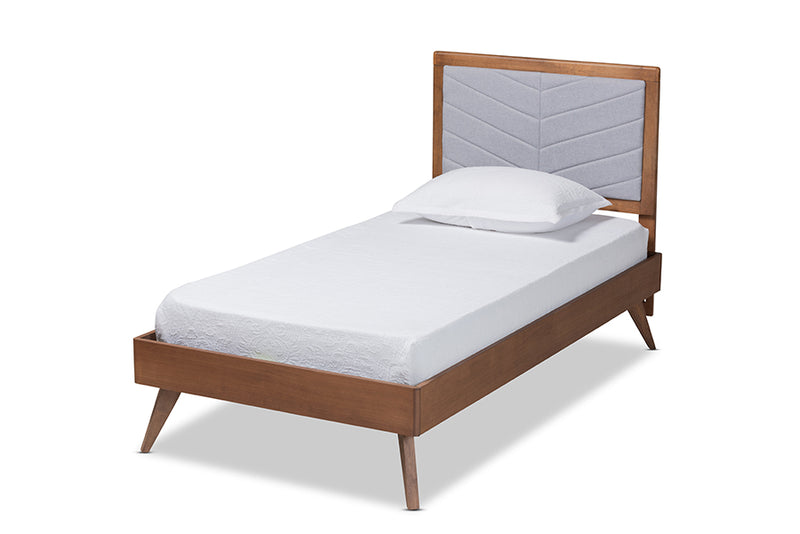 Asher Mid-Century Modern Light Gray Fabric Upholstered and Walnut brown Finished Wood Twin Size Platform Bed