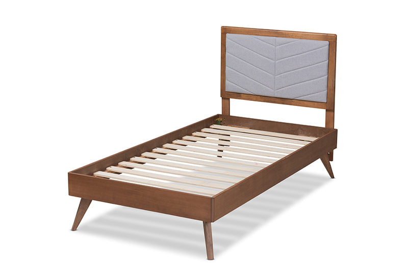 Asher Mid-Century Modern Light Gray Fabric Upholstered and Walnut brown Finished Wood Twin Size Platform Bed