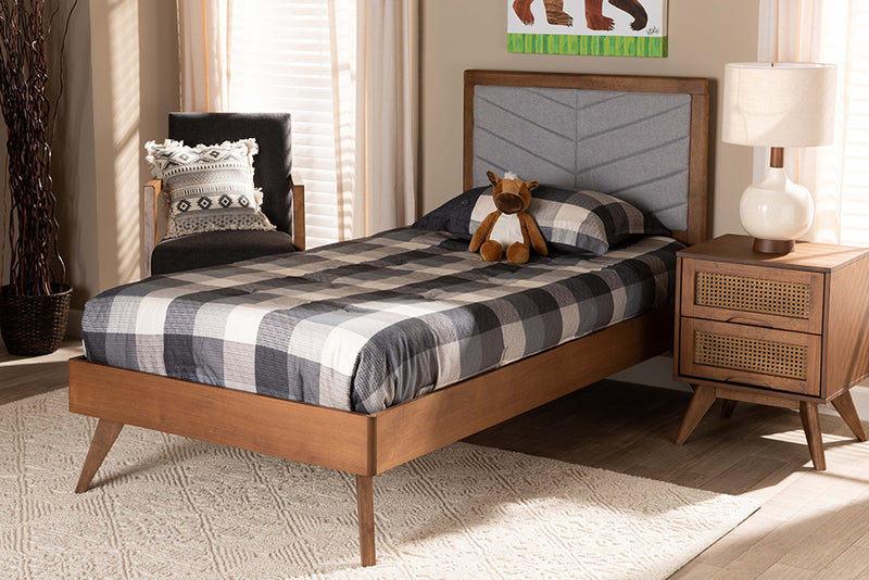 Asher Mid-Century Modern Light Gray Fabric Upholstered and Walnut brown Finished Wood Twin Size Platform Bed