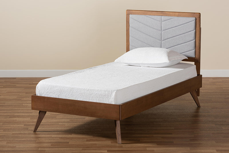 Asher Mid-Century Modern Light Gray Fabric Upholstered and Walnut brown Finished Wood Twin Size Platform Bed