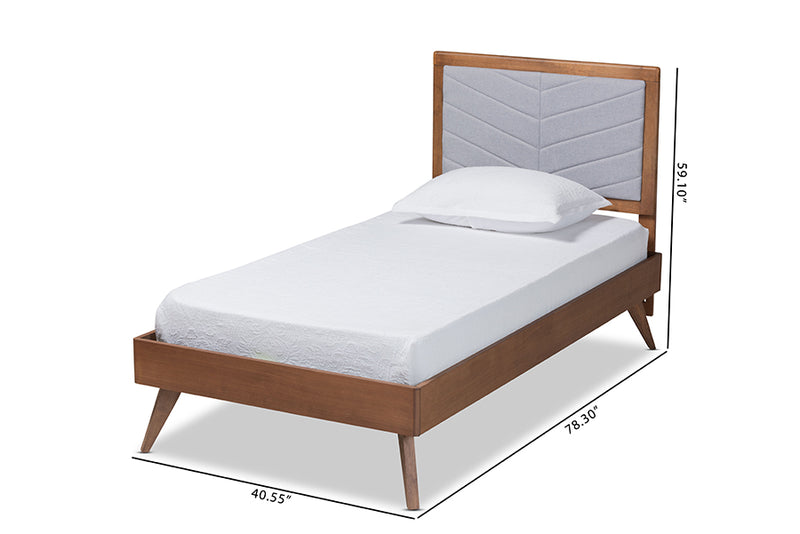 Asher Mid-Century Modern Light Gray Fabric Upholstered and Walnut brown Finished Wood Twin Size Platform Bed