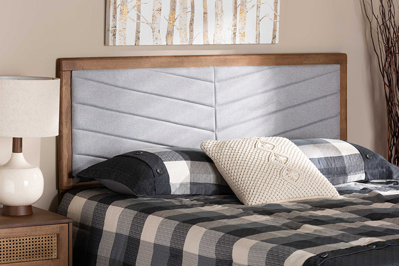 Gisa Modern and Contemporary Light Gray Fabric Upholstered and Walnut Brown Finished Wood Queen Size Headboard