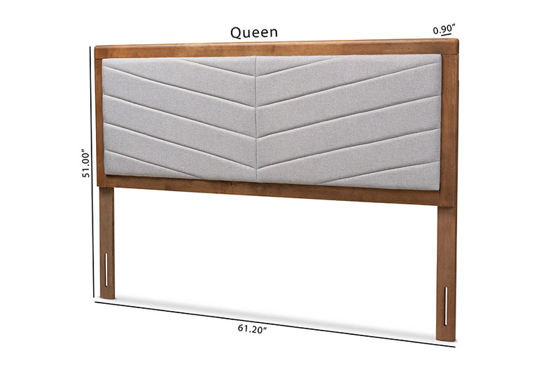 Gisa Modern and Contemporary Light Gray Fabric Upholstered and Walnut Brown Finished Wood Queen Size Headboard