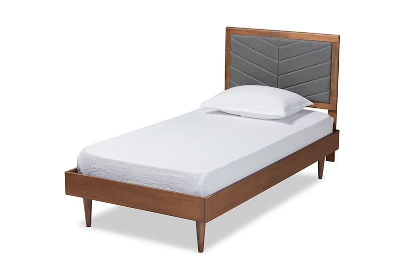 Reid Mid-Century Modern Dark Gray Fabric Upholstered and Walnut brown Finished Wood Twin Size Platform Bed