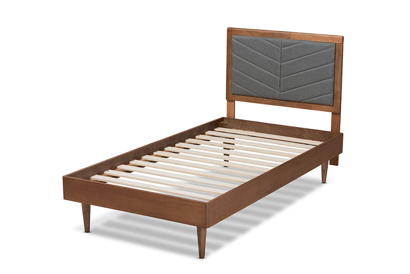 Reid Mid-Century Modern Dark Gray Fabric Upholstered and Walnut brown Finished Wood Twin Size Platform Bed