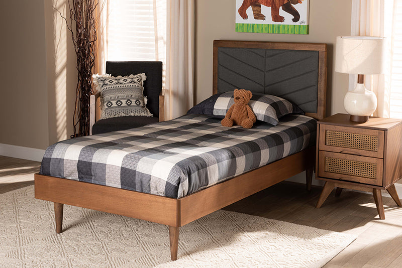 Reid Mid-Century Modern Dark Gray Fabric Upholstered and Walnut brown Finished Wood Twin Size Platform Bed