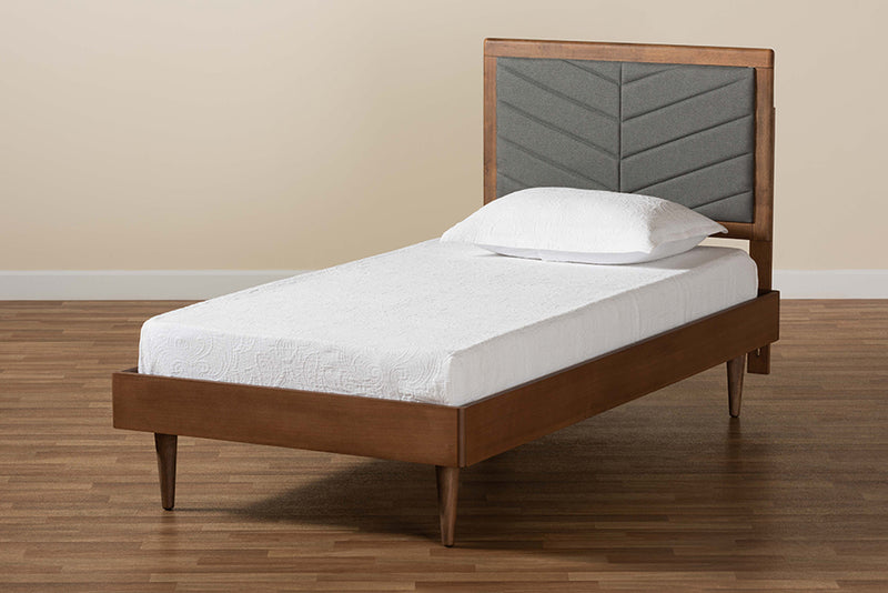 Reid Mid-Century Modern Dark Gray Fabric Upholstered and Walnut brown Finished Wood Twin Size Platform Bed