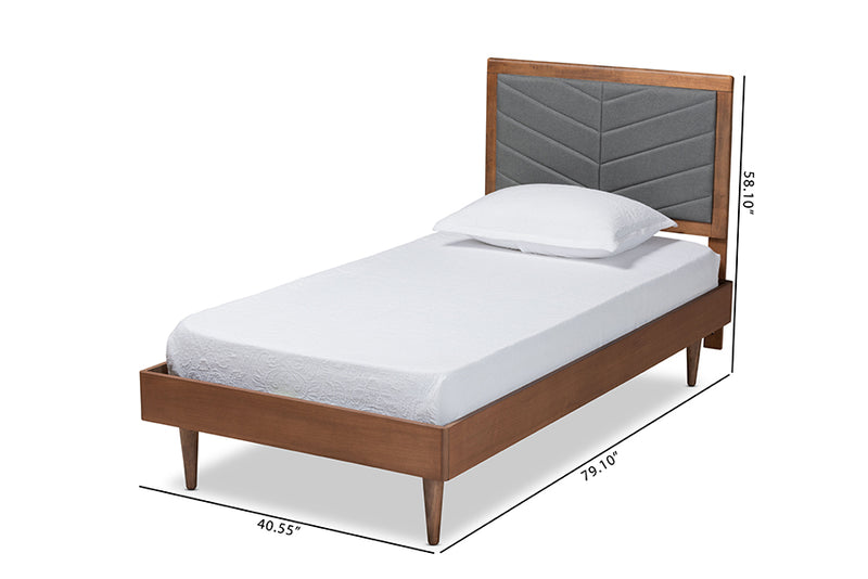 Reid Mid-Century Modern Dark Gray Fabric Upholstered and Walnut brown Finished Wood Twin Size Platform Bed