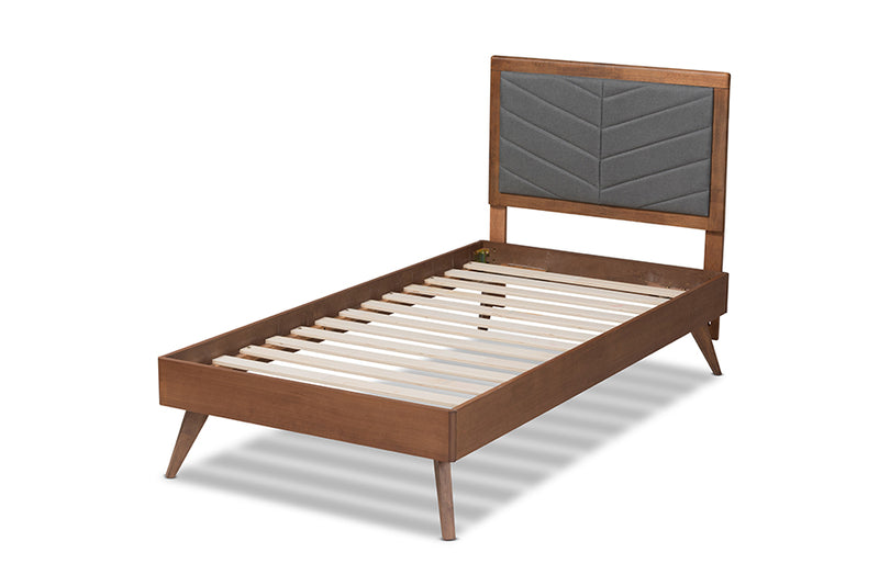 Asher Mid-Century Modern Dark Gray Fabric Upholstered and Walnut brown Finished Wood Twin Size Platform Bed