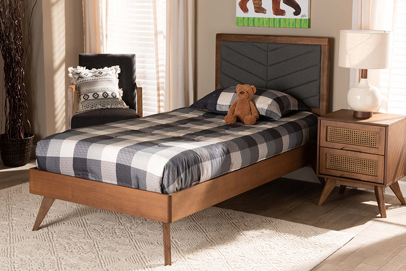 Asher Mid-Century Modern Dark Gray Fabric Upholstered and Walnut brown Finished Wood Twin Size Platform Bed