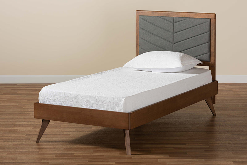 Asher Mid-Century Modern Dark Gray Fabric Upholstered and Walnut brown Finished Wood Twin Size Platform Bed