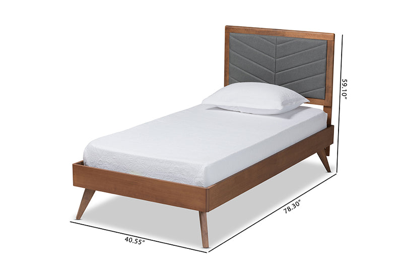 Asher Mid-Century Modern Dark Gray Fabric Upholstered and Walnut brown Finished Wood Twin Size Platform Bed