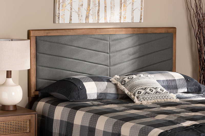 Gisa Modern and Contemporary Dark Gray Fabric Upholstered and Walnut Brown Finished Wood Queen Size Headboard