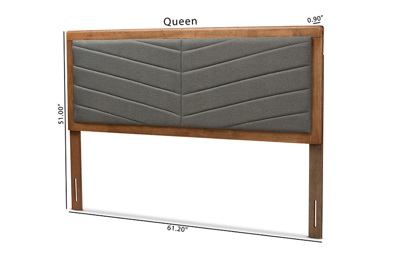 Gisa Modern and Contemporary Dark Gray Fabric Upholstered and Walnut Brown Finished Wood Queen Size Headboard