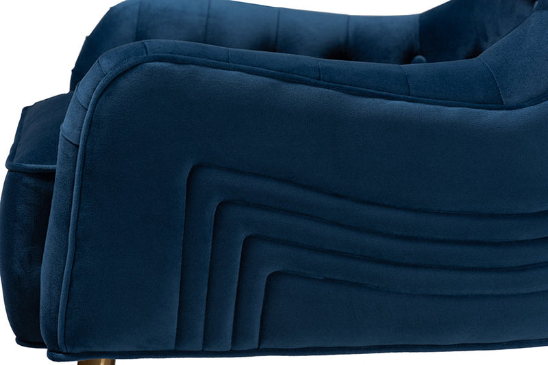 Sari Navy Blue Velvet Fabric Upholstered and Gold Finished Metal Armchair Baxton