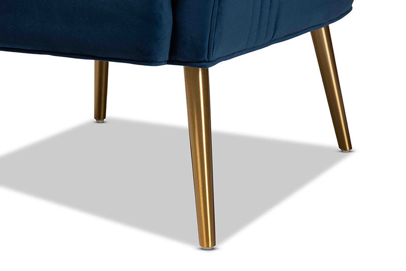 Sari Navy Blue Velvet Fabric Upholstered and Gold Finished Metal Armchair Baxton