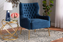 Sari Navy Blue Velvet Fabric Upholstered and Gold Finished Metal Armchair Baxton