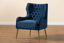 Sari Navy Blue Velvet Fabric Upholstered and Gold Finished Metal Armchair Baxton