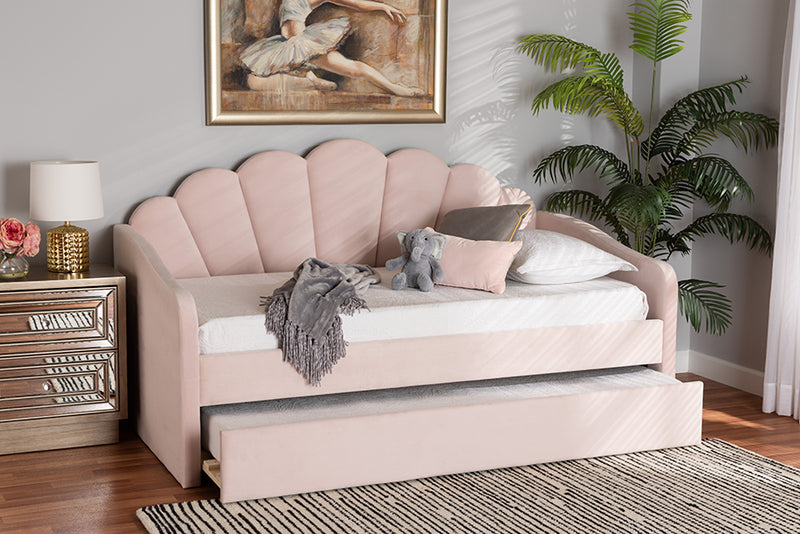 Laure Modern and Contemporary Light Pink Velvet Fabric Upholstered Full Size Daybed w/Trundle