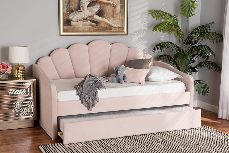 Laure Light Pink Velvet Fabric Upholstered Twin Size Daybed w/Trundle Baxton