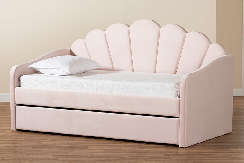 Laure Modern and Contemporary Light Pink Velvet Fabric Upholstered Full Size Daybed w/Trundle