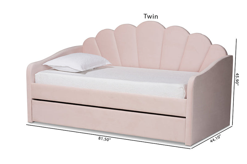 Laure Light Pink Velvet Fabric Upholstered Twin Size Daybed w/Trundle Baxton