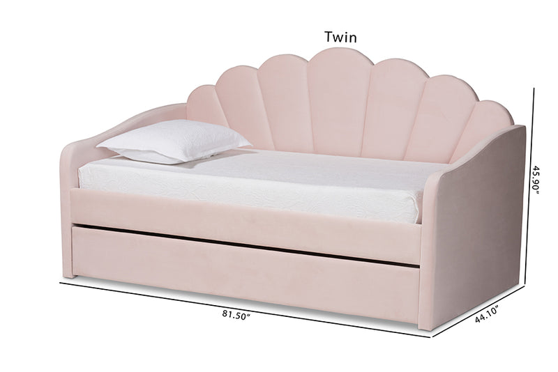 Laure Modern and Contemporary Light Pink Velvet Fabric Upholstered Full Size Daybed w/Trundle