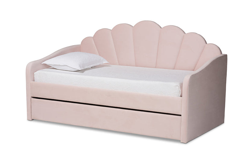 Laure Light Pink Velvet Fabric Upholstered Twin Size Daybed w/Trundle Baxton