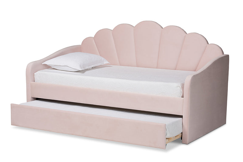 Laure Modern and Contemporary Light Pink Velvet Fabric Upholstered Full Size Daybed w/Trundle