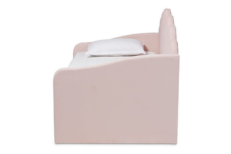 Laure Modern and Contemporary Light Pink Velvet Fabric Upholstered Full Size Daybed w/Trundle