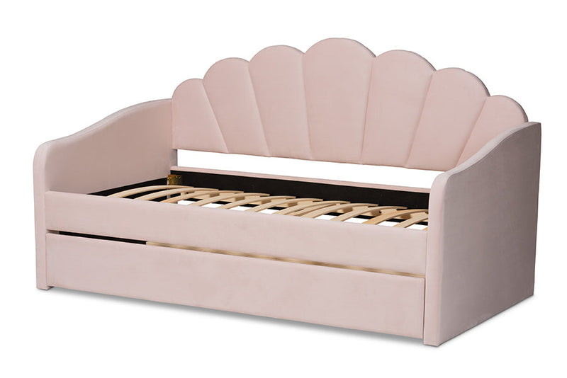 Laure Light Pink Velvet Fabric Upholstered Twin Size Daybed w/Trundle Baxton