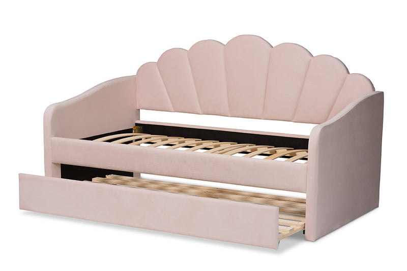 Laure Light Pink Velvet Fabric Upholstered Twin Size Daybed w/Trundle Baxton