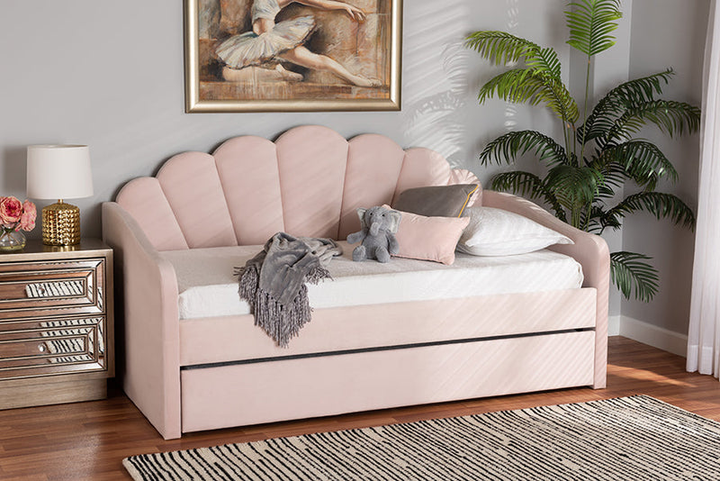 Laure Light Pink Velvet Fabric Upholstered Twin Size Daybed w/Trundle Baxton