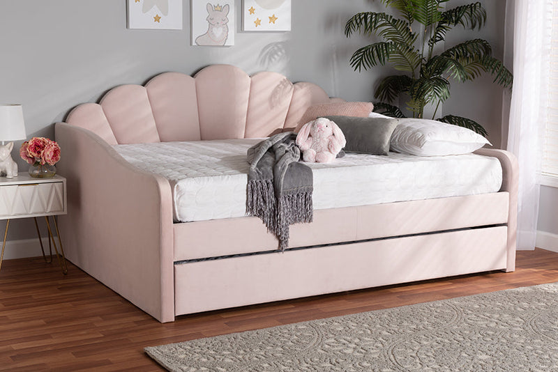 Laure Light Pink Velvet Fabric Upholstered Queen Size Daybed w/Trundle Baxton