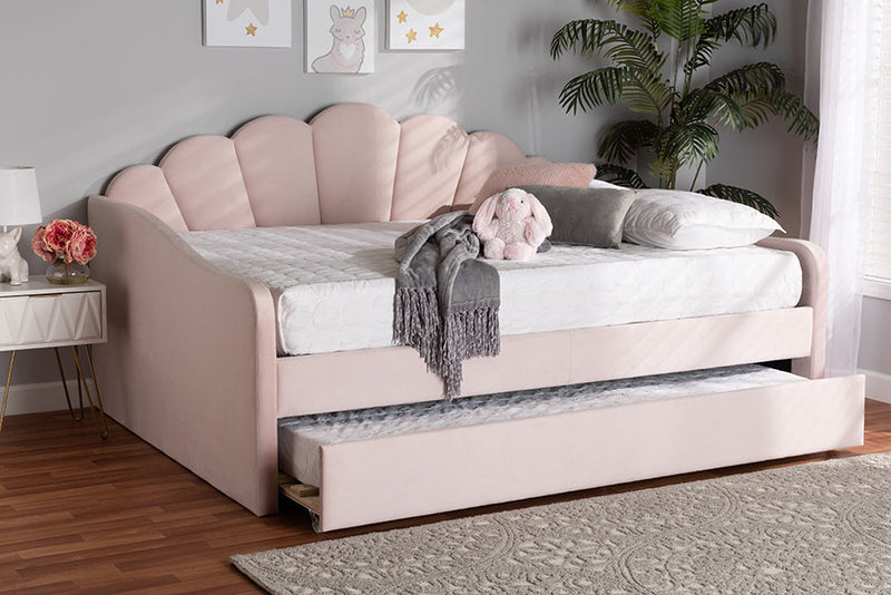 Laure Light Pink Velvet Fabric Upholstered Queen Size Daybed w/Trundle Baxton