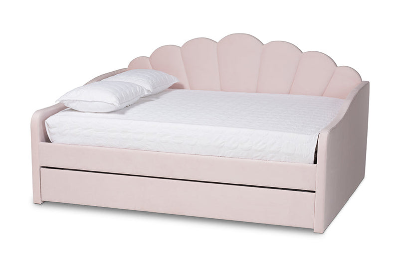 Laure Light Pink Velvet Fabric Upholstered Queen Size Daybed w/Trundle Baxton