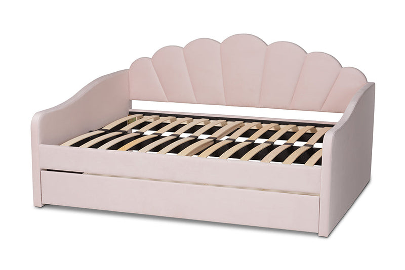 Laure Light Pink Velvet Fabric Upholstered Queen Size Daybed w/Trundle Baxton