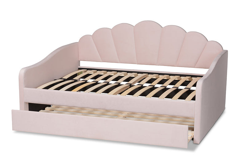 Laure Light Pink Velvet Fabric Upholstered Queen Size Daybed w/Trundle Baxton