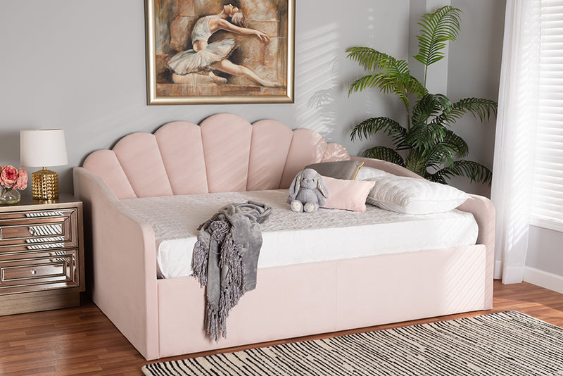 Laure Modern and Contemporary Light Pink Velvet Fabric Upholstered Queen Size Daybed