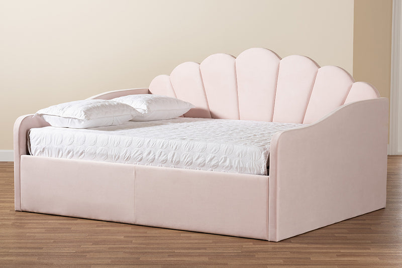 Laure Modern and Contemporary Light Pink Velvet Fabric Upholstered Queen Size Daybed