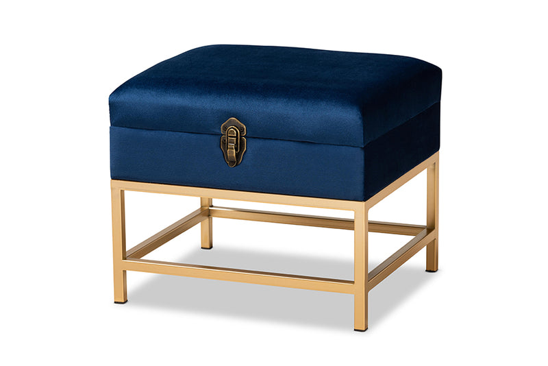 Palma Glam and Luxe Navy Blue Velvet Fabric Upholstered and Gold Finished Metal Small Storage Ottoman